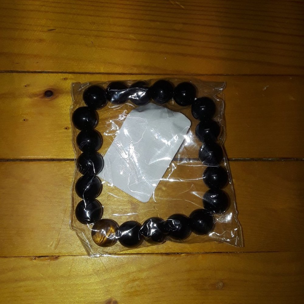 Mens Tiger's Eye Black Agate Bead Stretch Bracelet - Picture 8 of 8